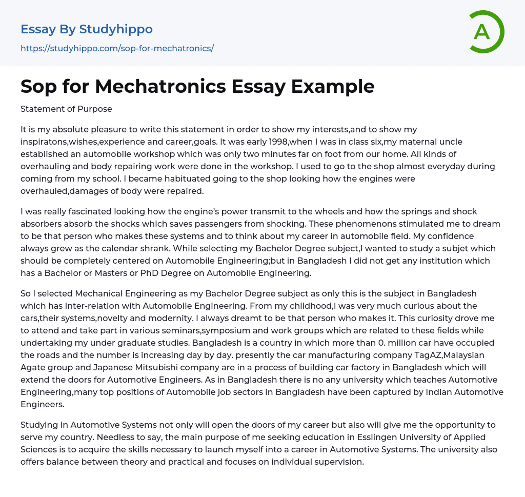 Sop for Mechatronics Essay Example