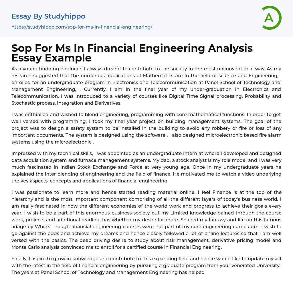 Sop For Ms In Financial Engineering Analysis Essay Example
