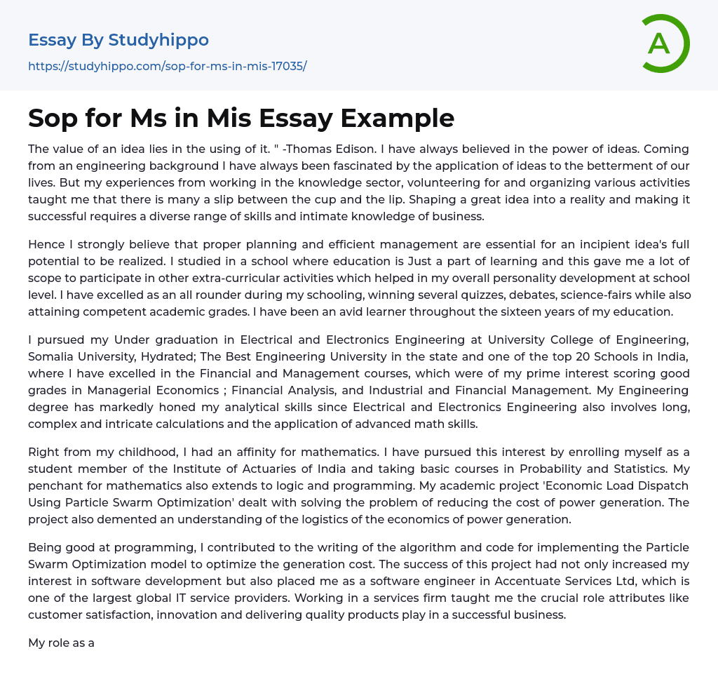 Sop for Ms in Mis Essay Example