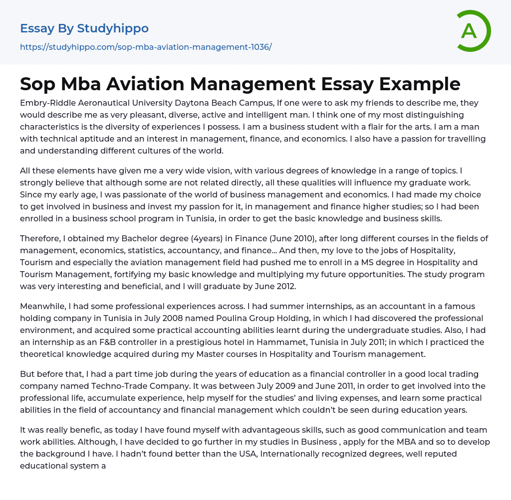 Sop Mba Aviation Management Essay Example