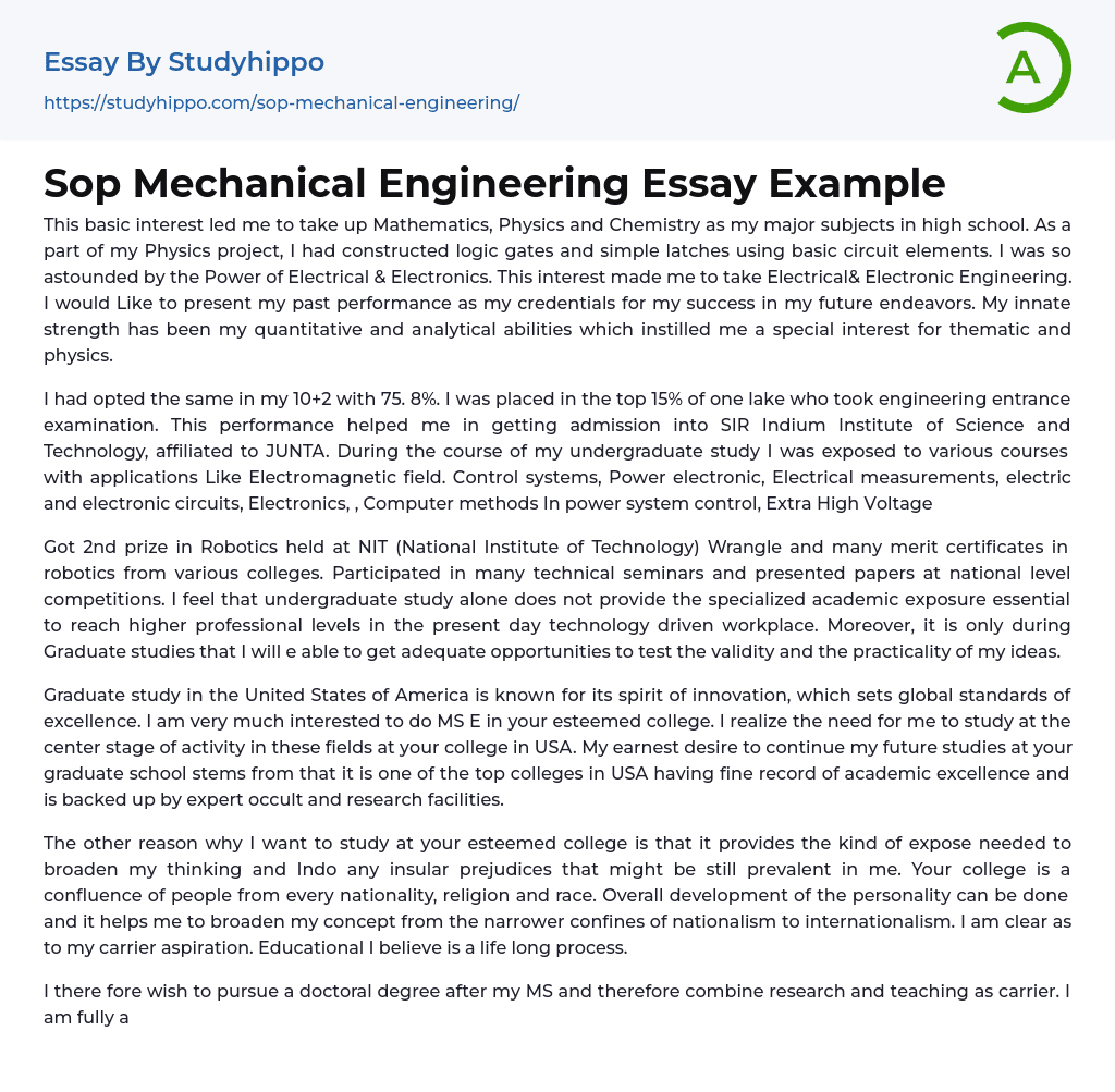 Sop Mechanical Engineering Essay Example
