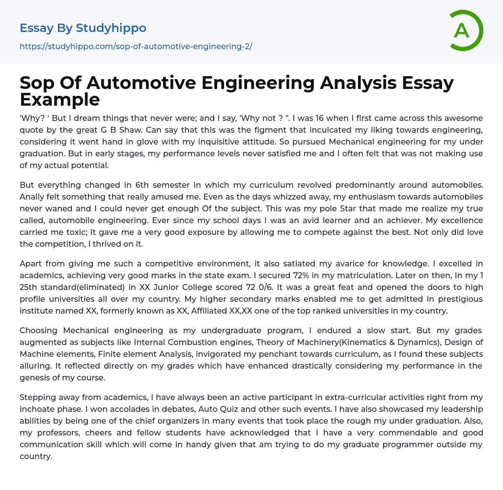 Sop Of Automotive Engineering Analysis Essay Example