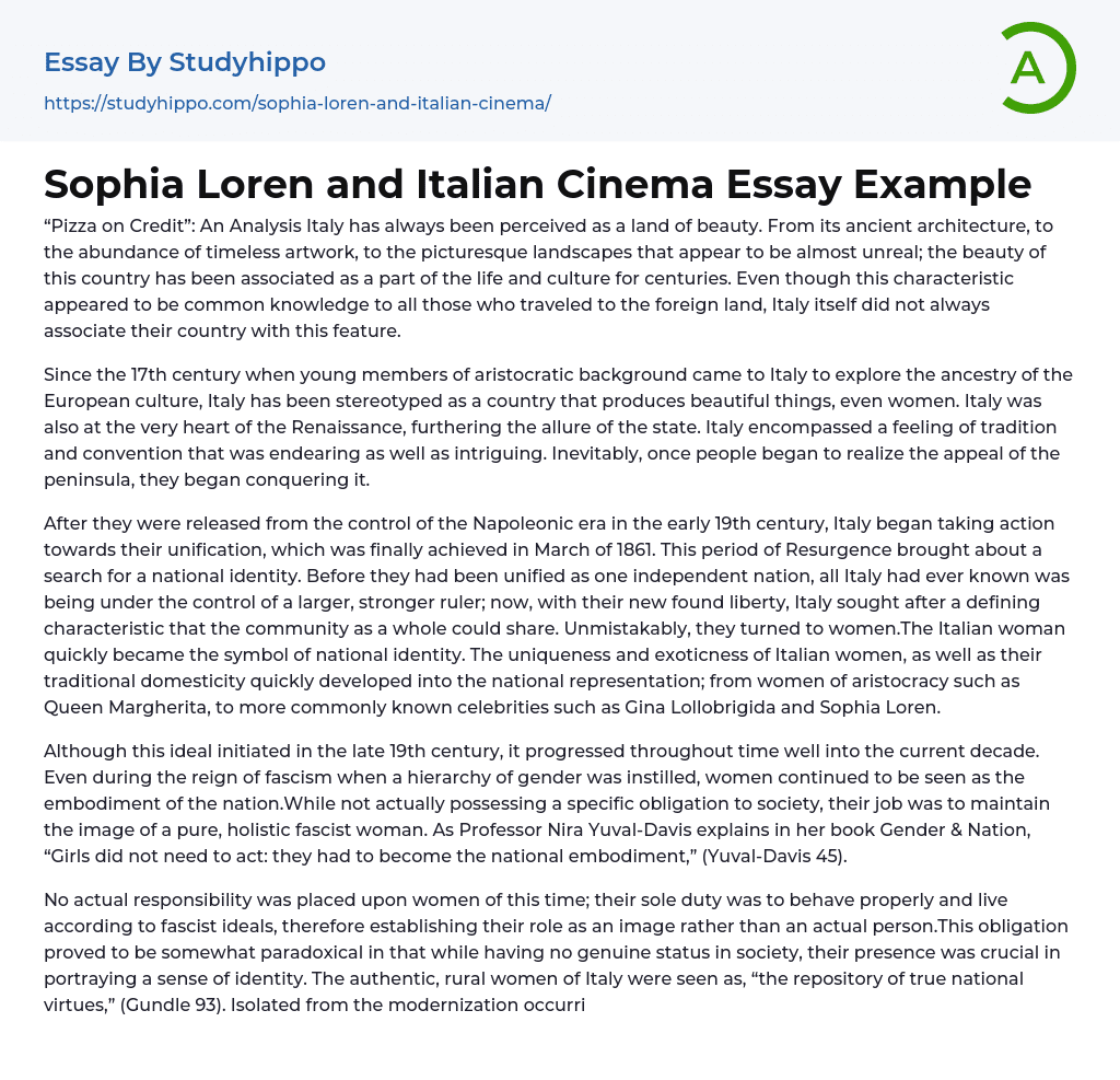 Sophia Loren and Italian Cinema Essay Example