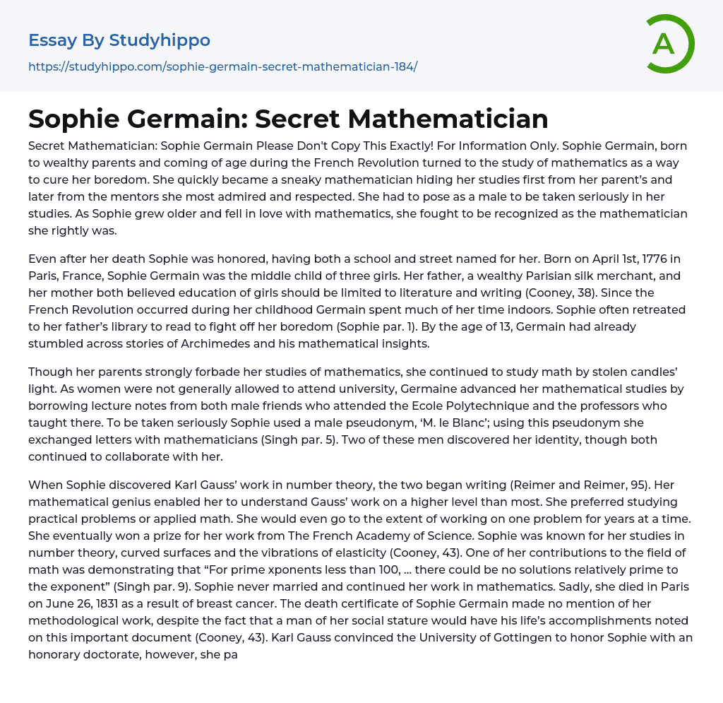 Sophie Germain: Secret Mathematician Essay Example