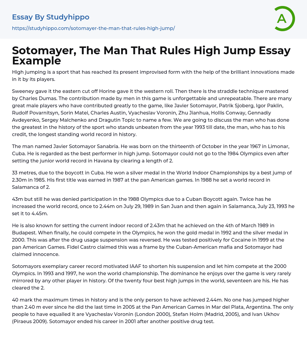 Sotomayer, The Man That Rules High Jump Essay Example