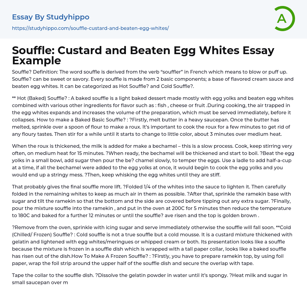Souffle: Custard and Beaten Egg Whites Essay Example