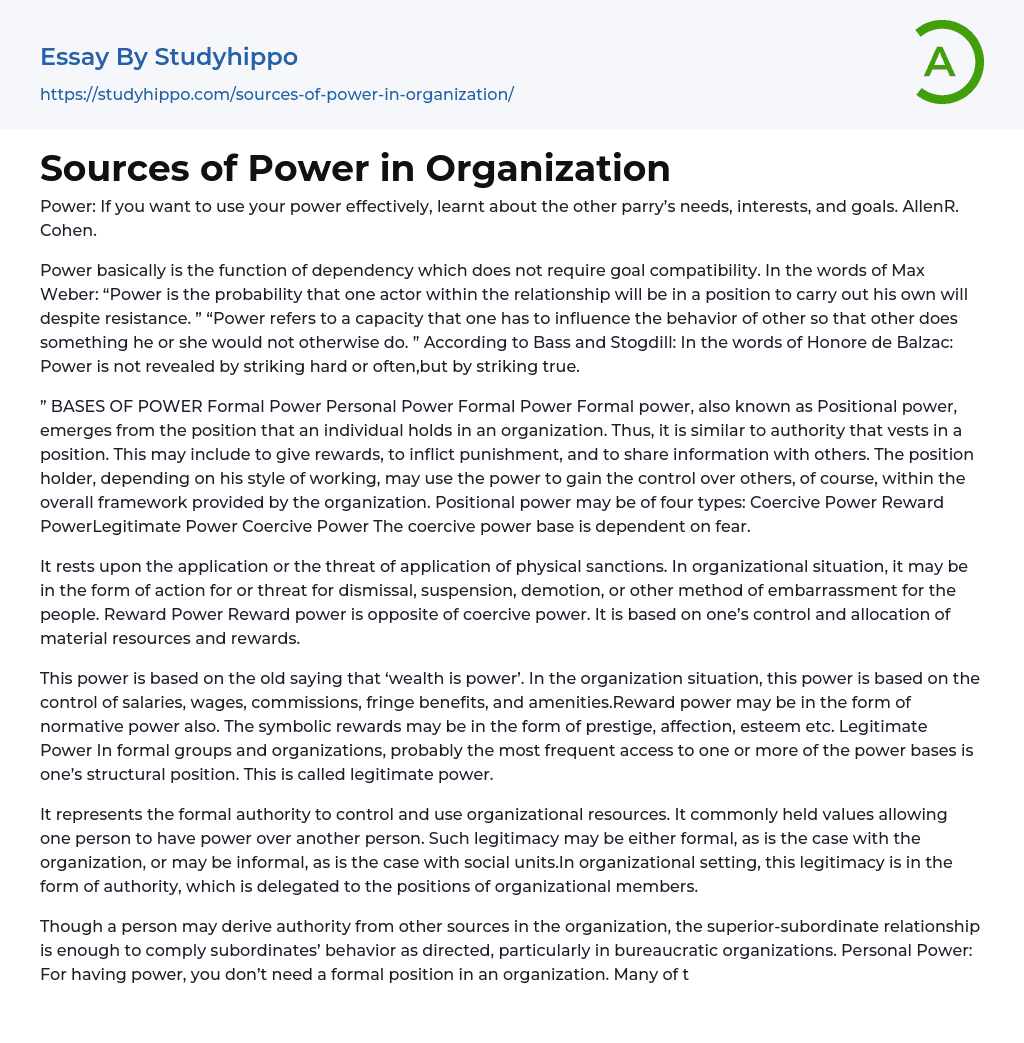 Sources of Power in Organization Essay Example