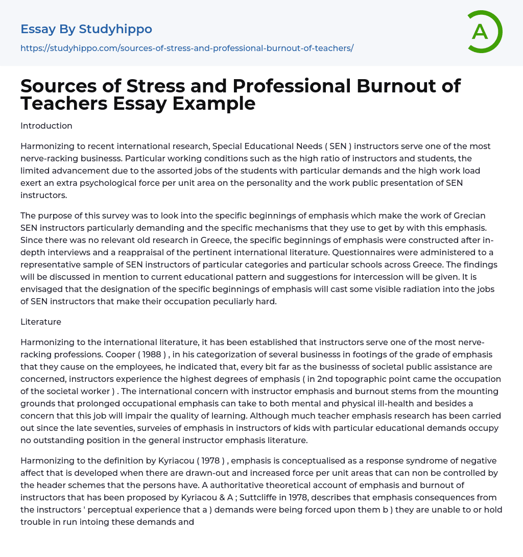 Sources of Stress and Professional Burnout of Teachers Essay Example