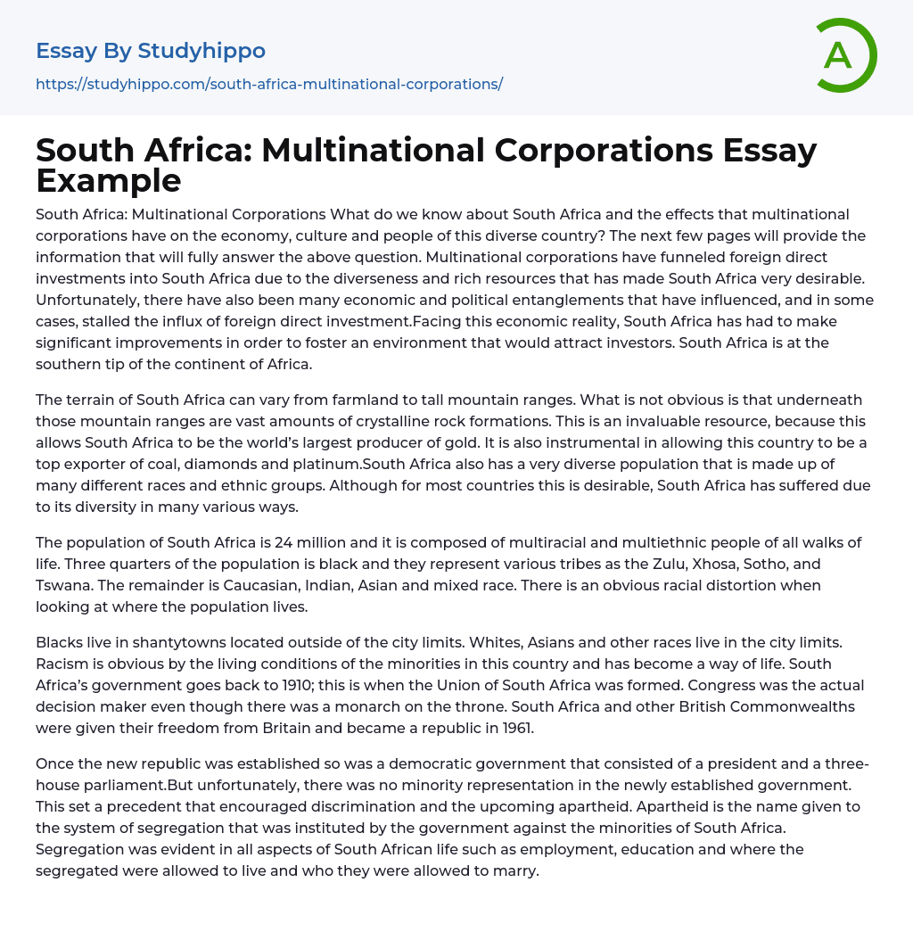South Africa: Multinational Corporations Essay Example