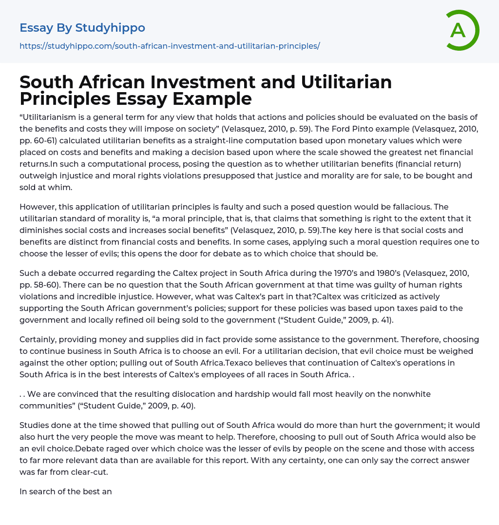 South African Investment and Utilitarian Principles Essay Example