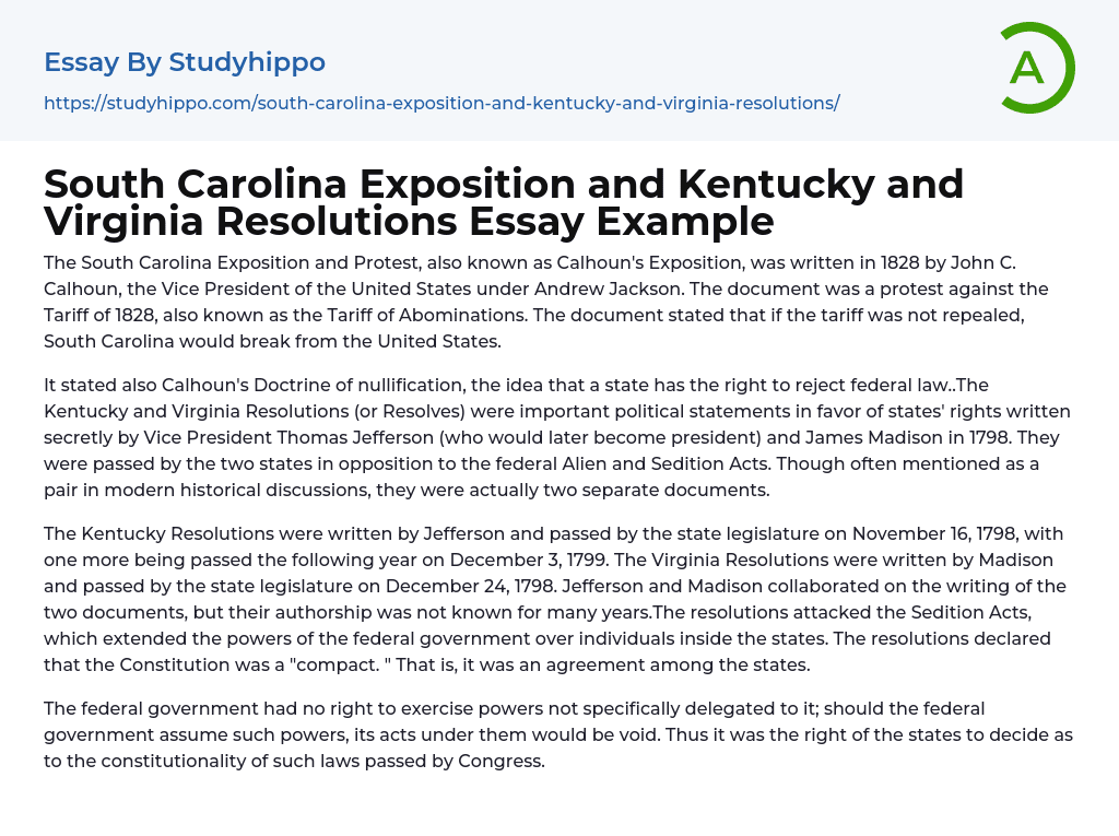 South Carolina Exposition and Kentucky and Virginia Resolutions Essay Example