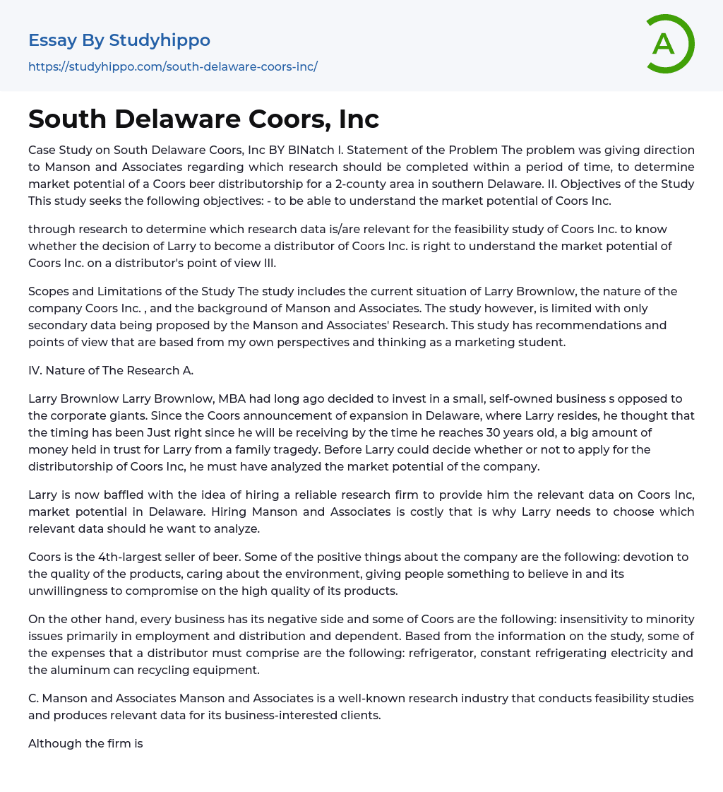 South Delaware Coors, Inc Essay Example