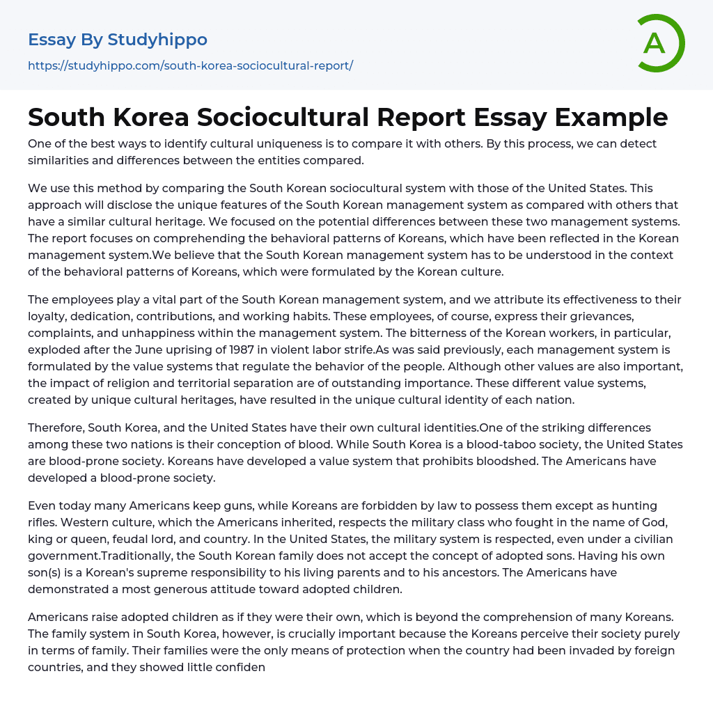 South Korea Sociocultural Report Essay Example