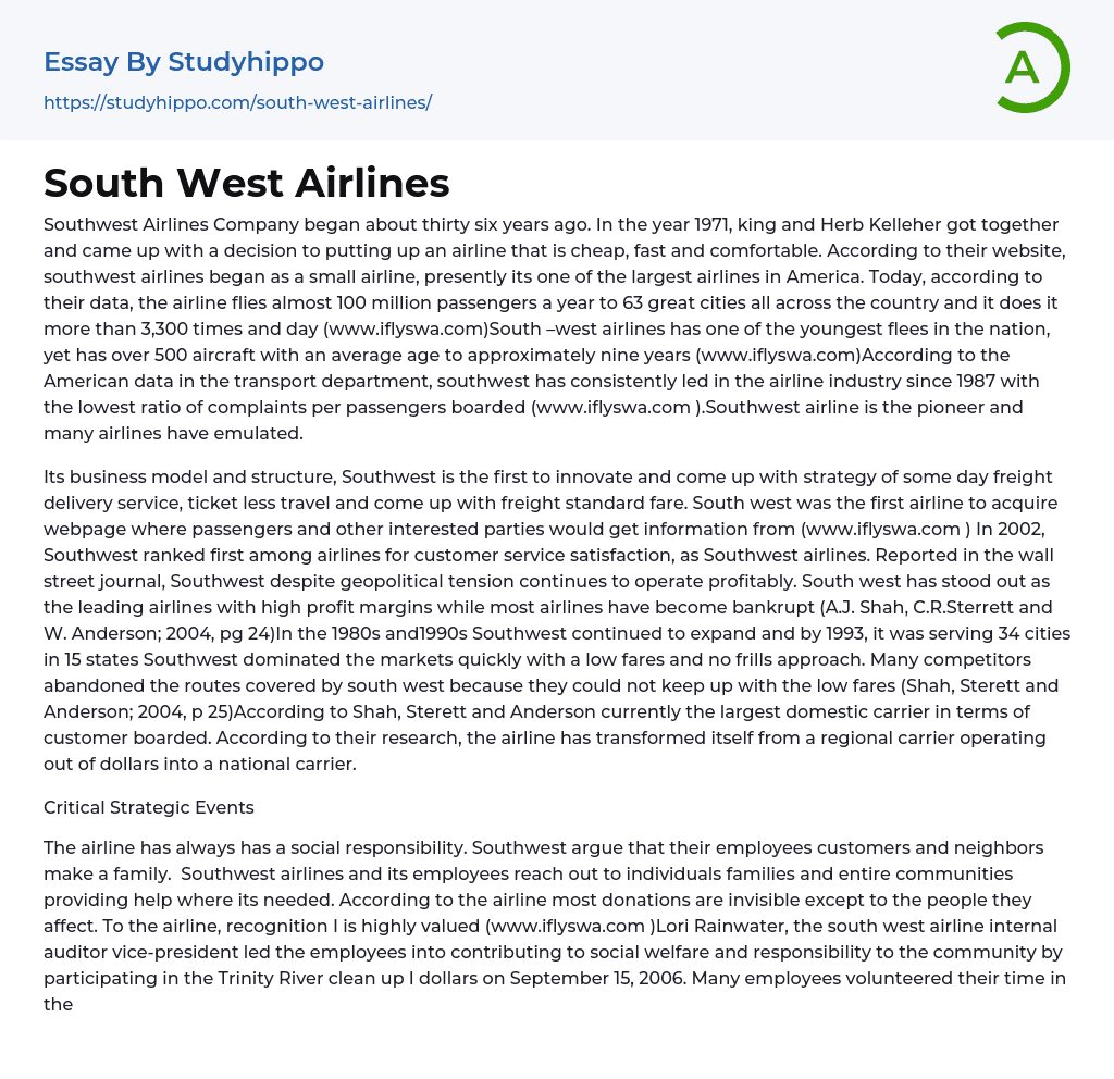 South West Airlines Essay Example