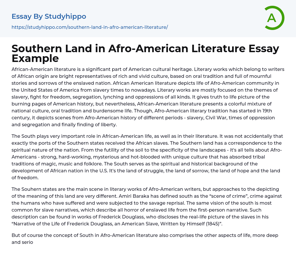 Southern Land in Afro-American Literature Essay Example