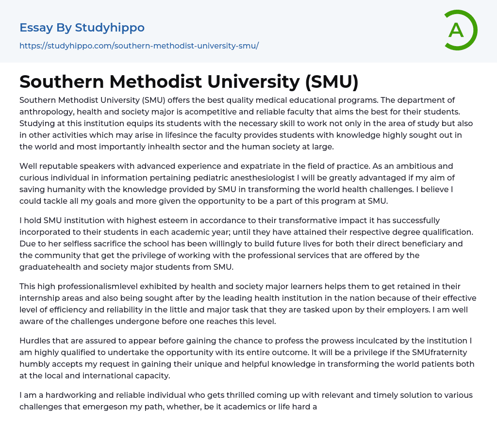 Southern Methodist University (SMU) Essay Example