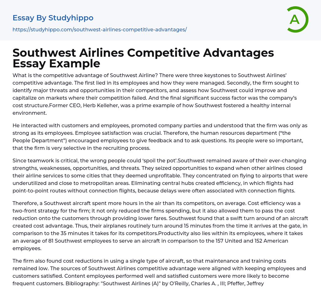Southwest Airlines Competitive Advantages Essay Example