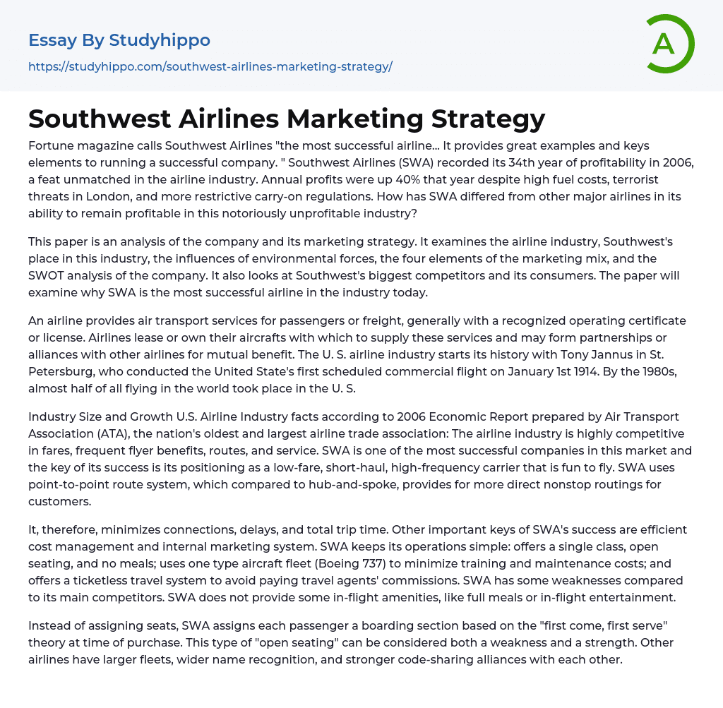 Southwest Airlines Marketing Strategy Essay Example