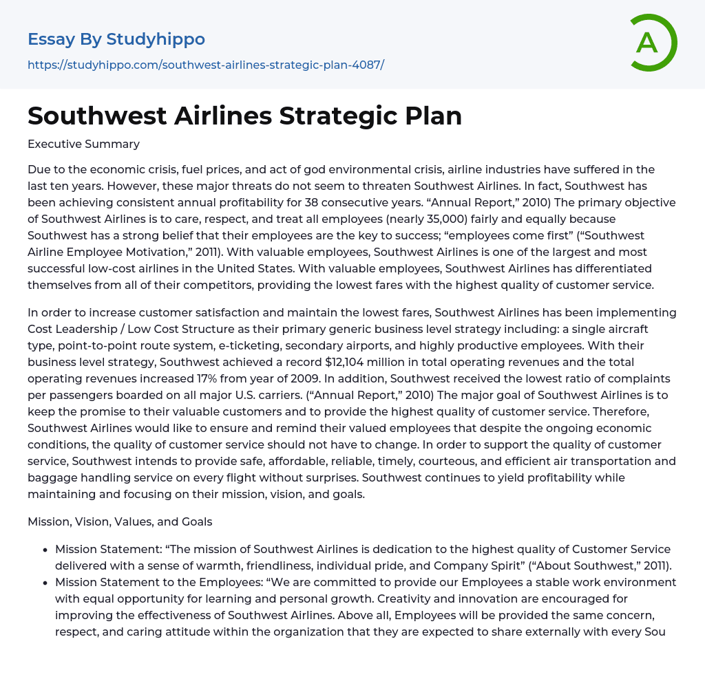 Southwest Airlines Strategic Plan Essay Example