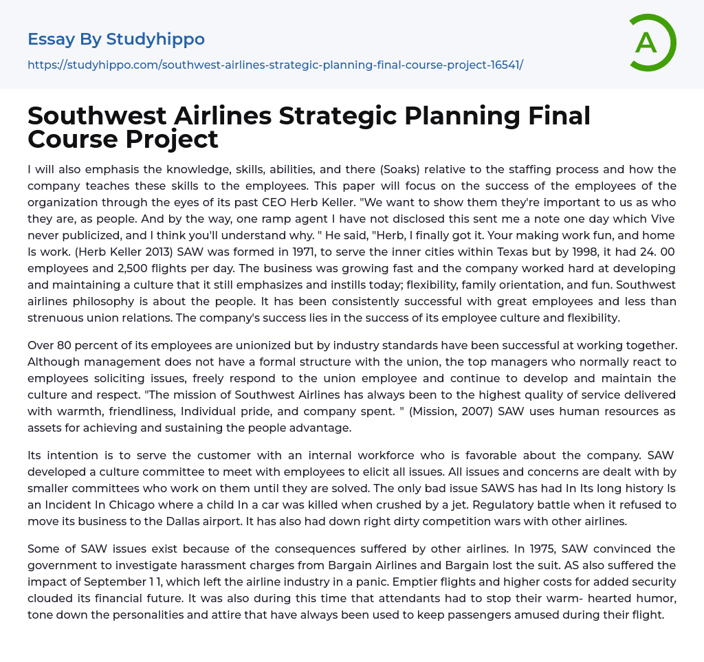 Southwest Airlines Strategic Planning Final Course Project Essay Example