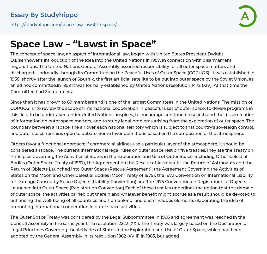 Space Law – “Lawst in Space” Essay Example