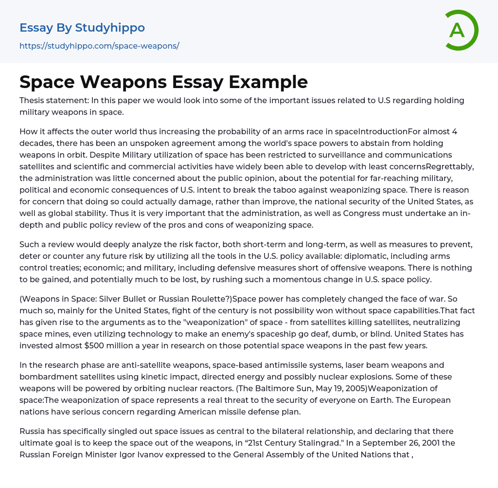 Space Weapons Essay Example