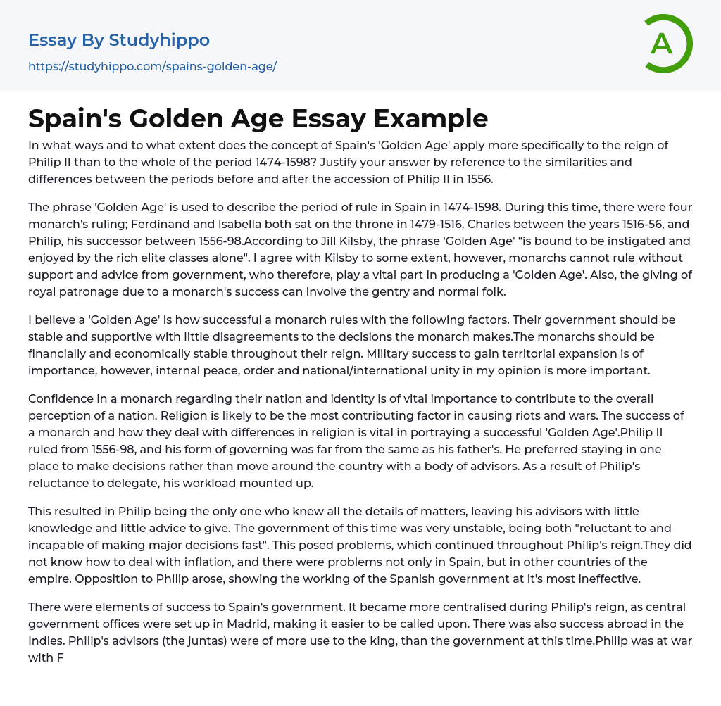 Spain’s Golden Age Essay Example