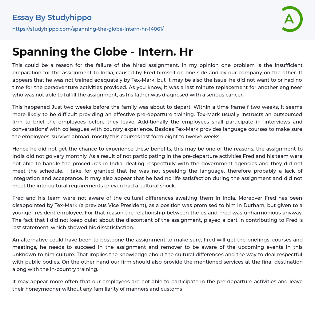 Spanning the Globe – Intern. Hr Essay Example