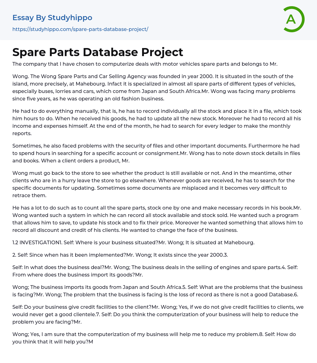 Spare Parts Database Project Essay Example