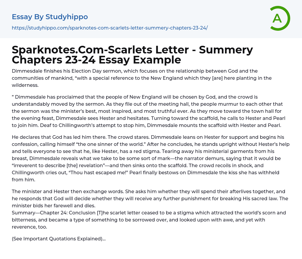 Sparknotes.Com-Scarlets Letter – Summery Chapters 23-24 Essay Example