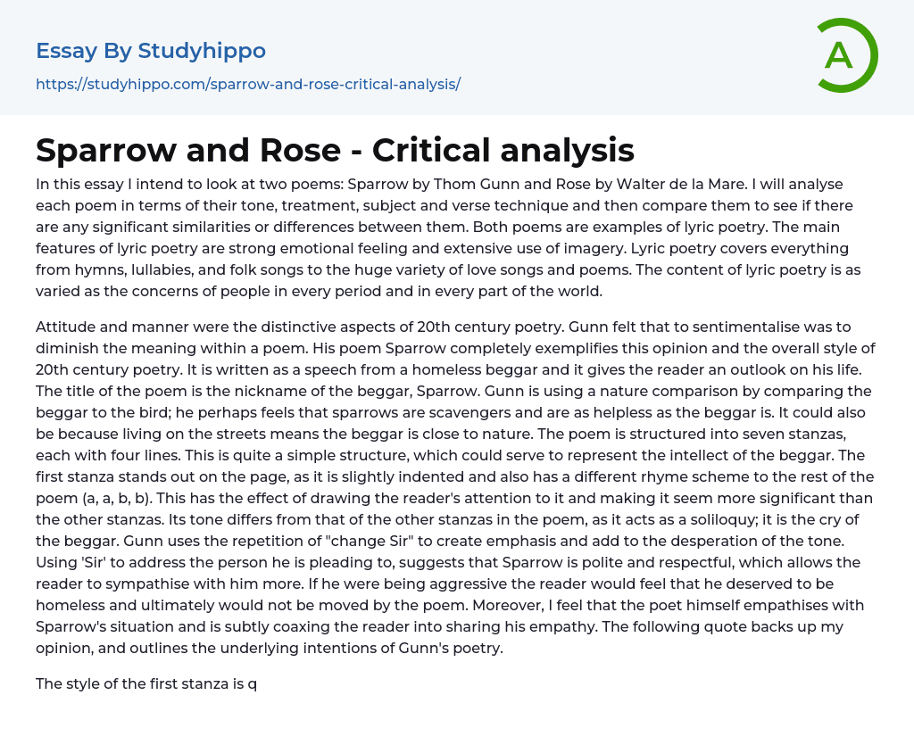 Sparrow and Rose – Critical analysis Essay Example