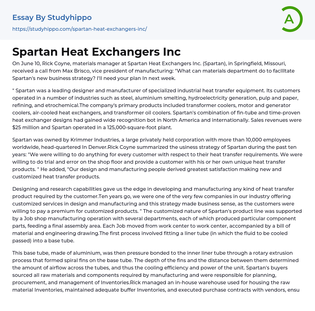 Spartan Heat Exchangers Inc Essay Example
