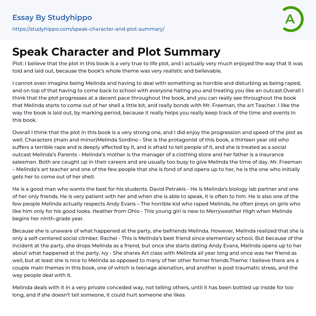 Speak Character and Plot Summary Essay Example