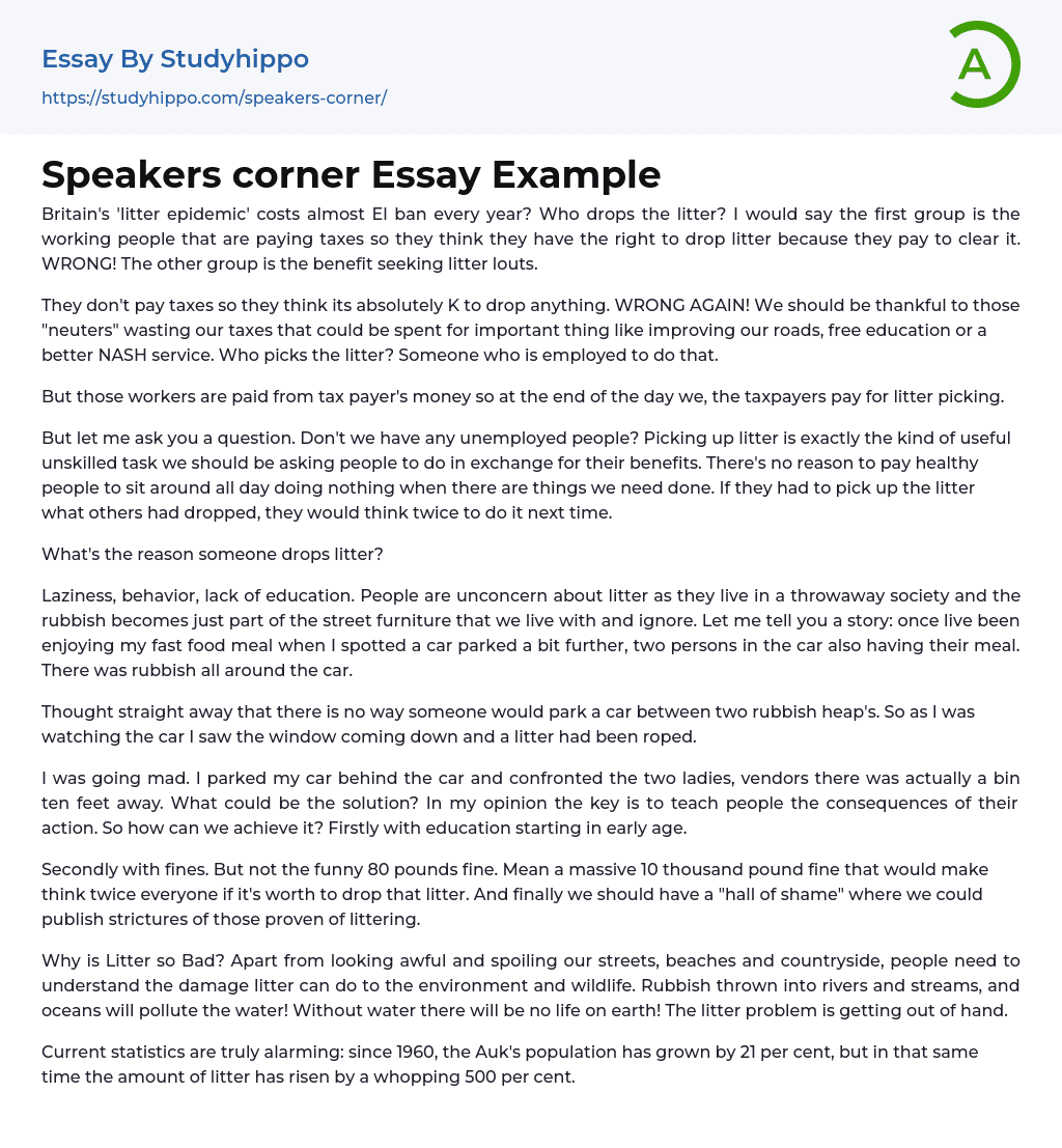 Speakers corner Essay Example