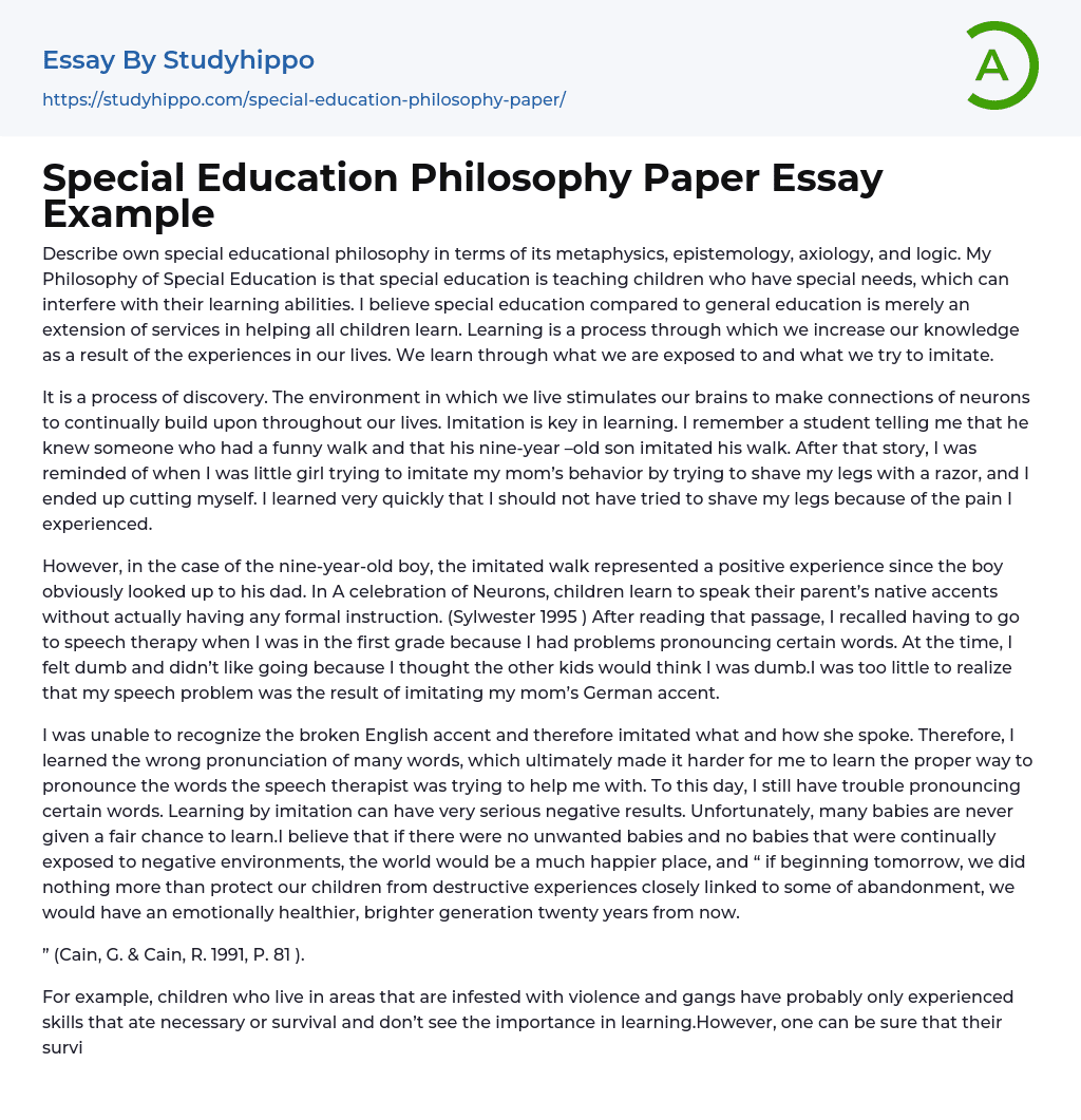 Special Education Philosophy Paper Essay Example