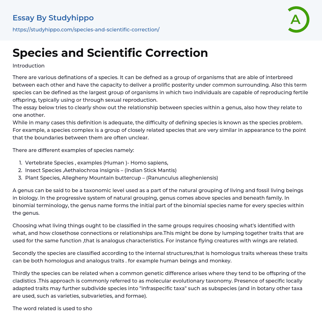 Species and Scientific Correction Essay Example