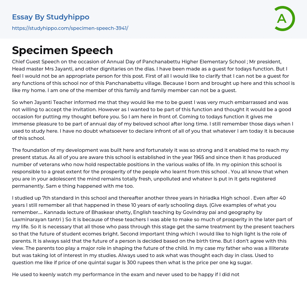 Specimen Speech Essay Example