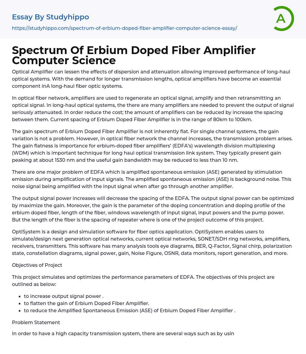 Spectrum Of Erbium Doped Fiber Amplifier Computer Science Essay Example