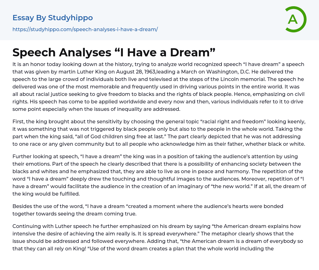 Speech Analyses “I Have a Dream” Essay Example