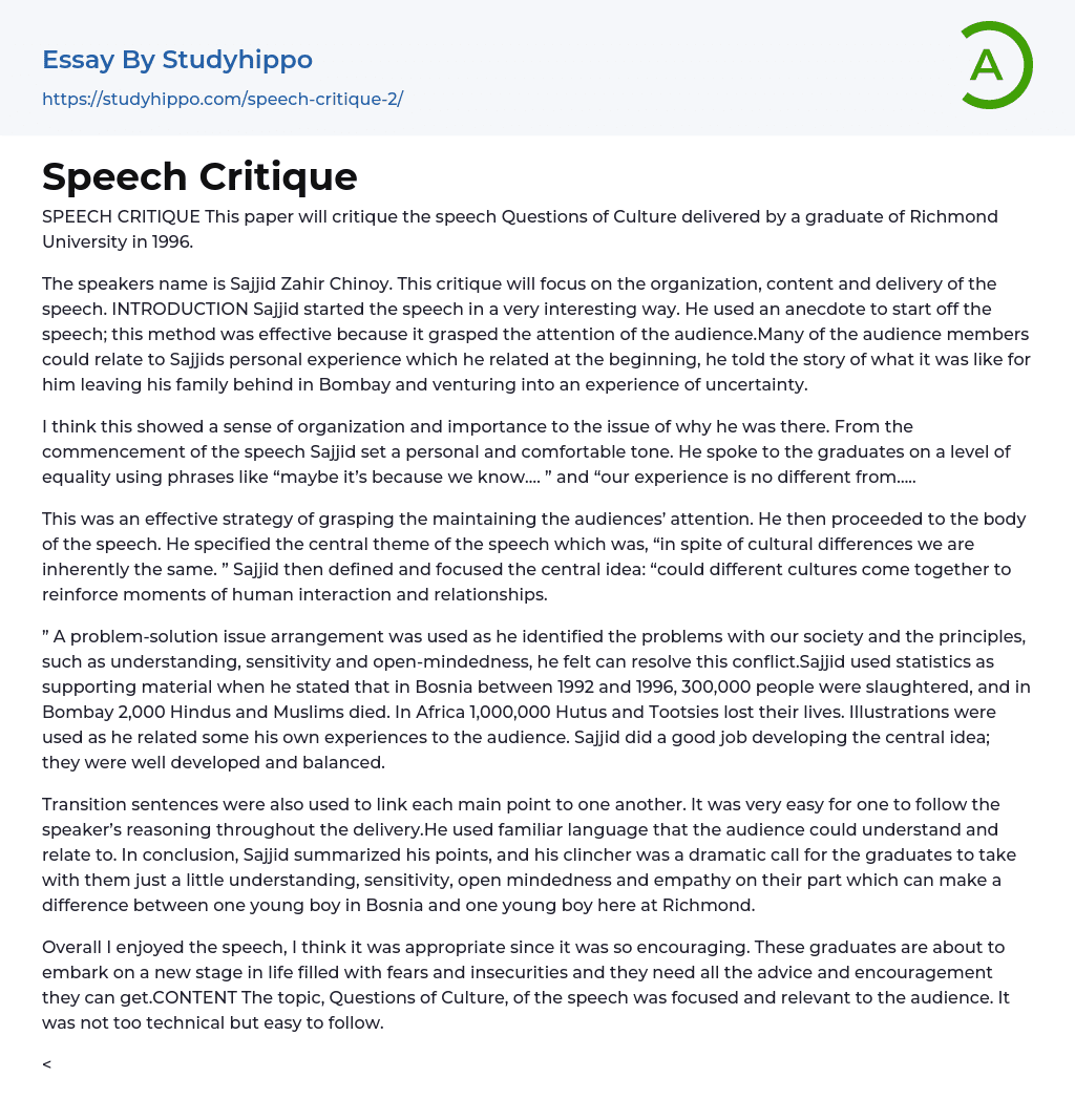 self critique speech essay