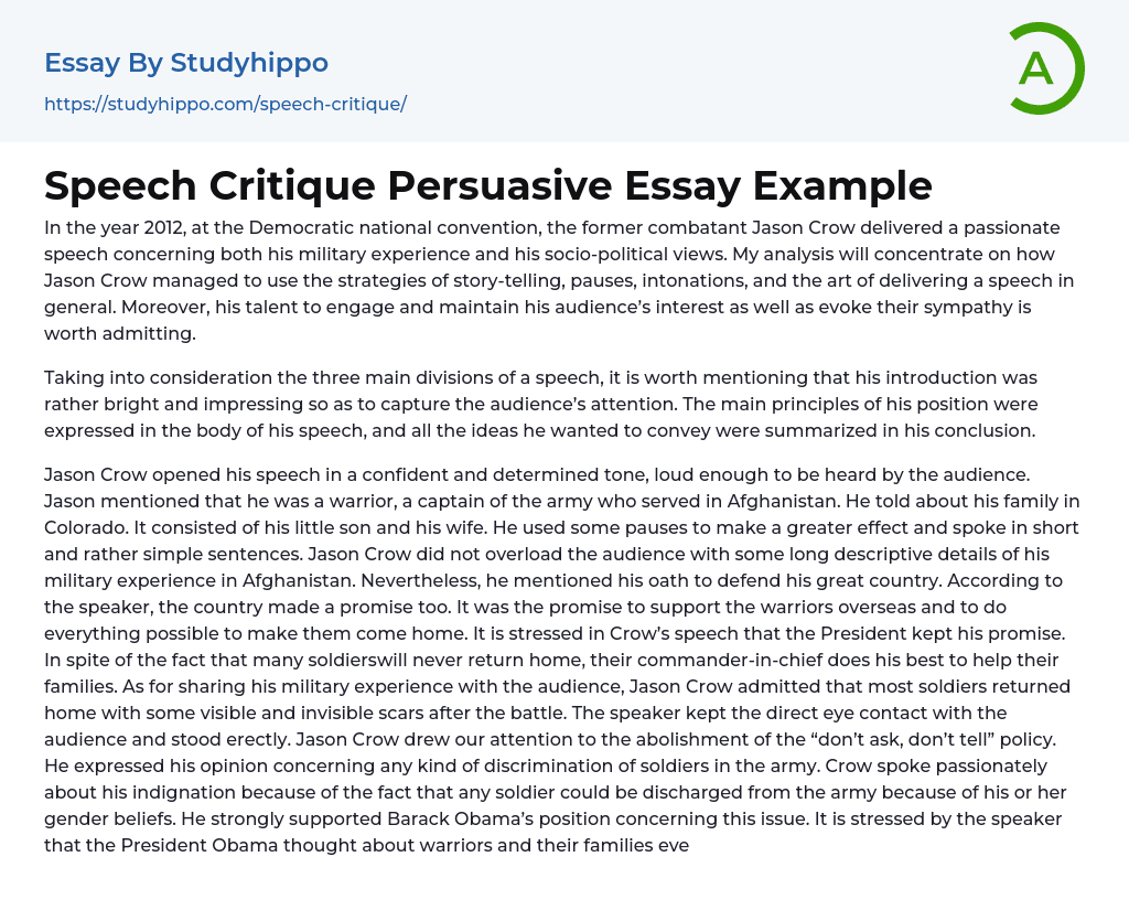 Speech Critique Persuasive Essay Example