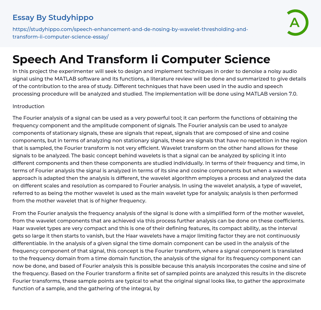 Speech And Transform Ii Computer Science Essay Example