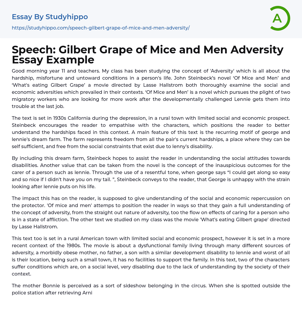 Speech: Gilbert Grape of Mice and Men Adversity Essay Example