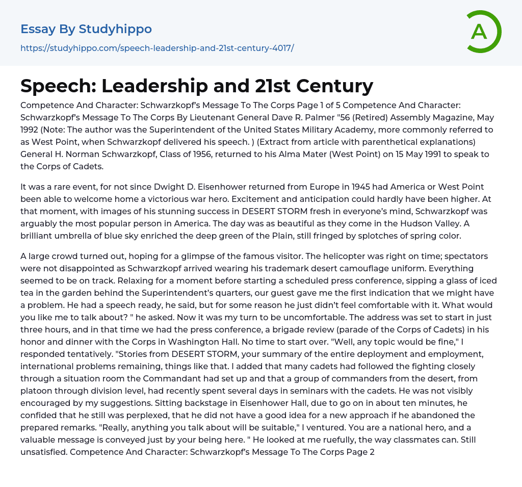 Speech: Leadership and 21st Century Essay Example