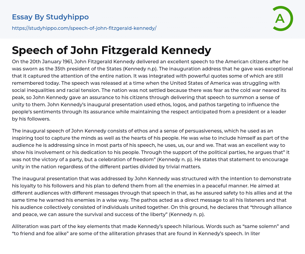 Speech of John Fitzgerald Kennedy Essay Example
