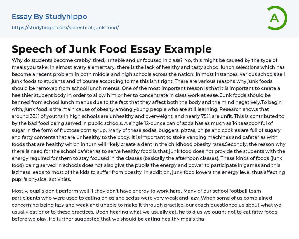 Speech Of Junk Food Essay Example StudyHippo