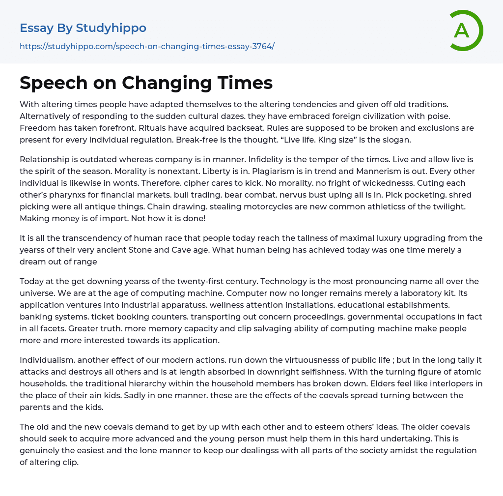 Speech on Changing Times Essay Example