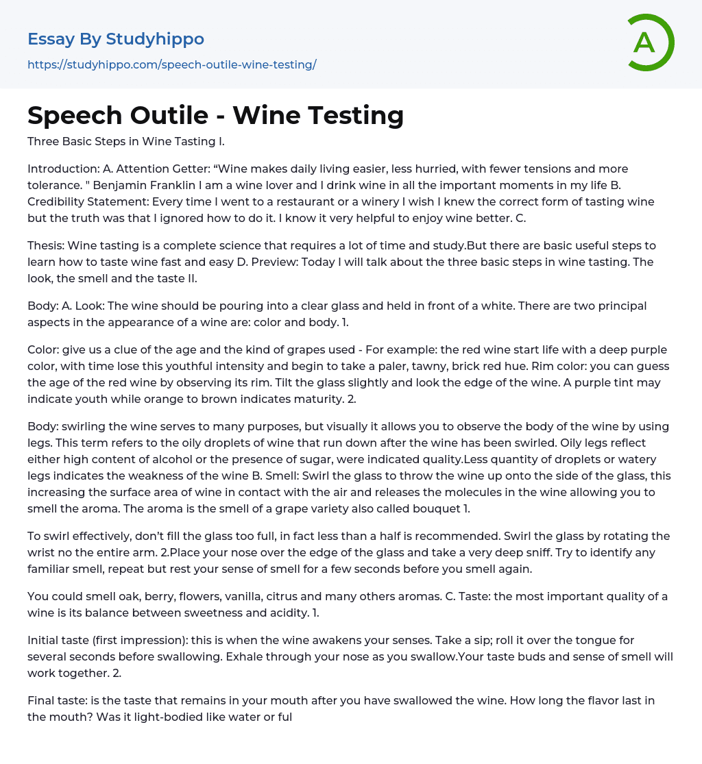 Speech Outile – Wine Testing Essay Example