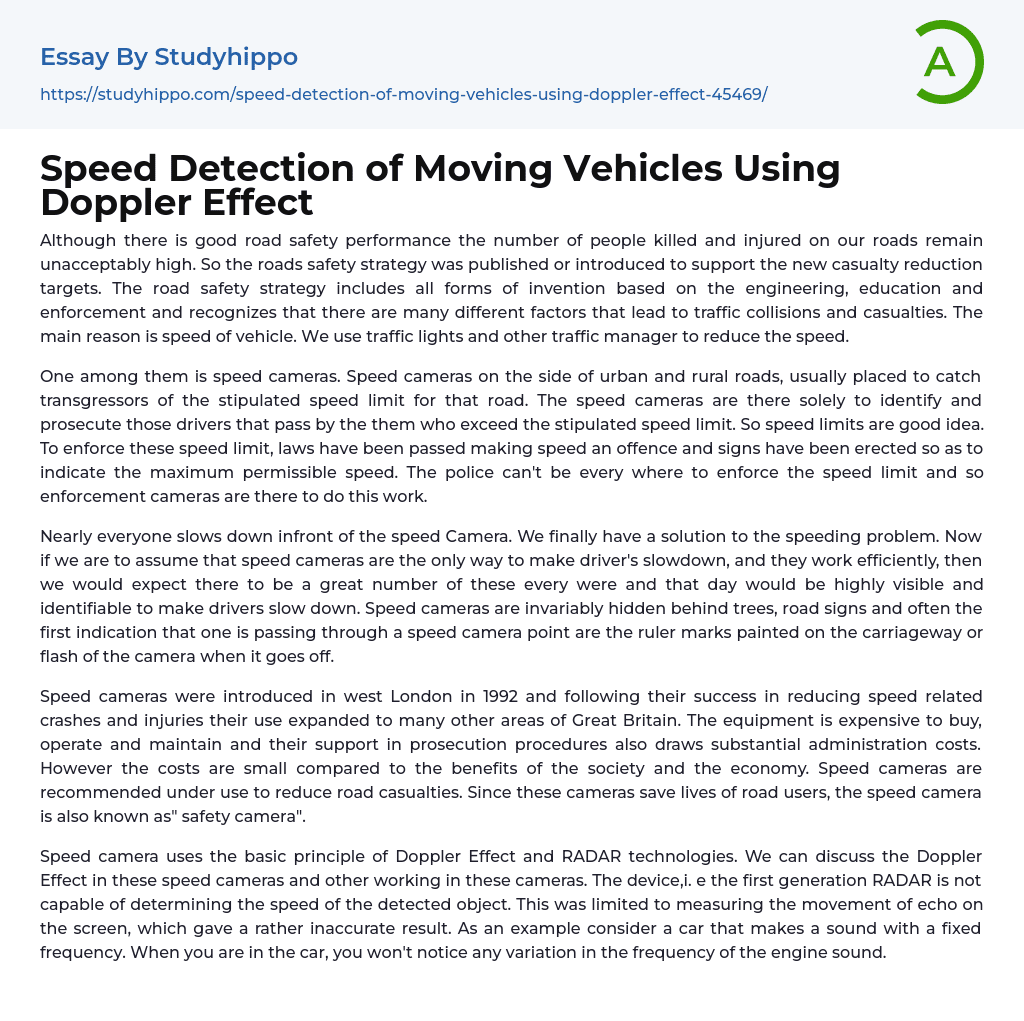 Speed Detection of Moving Vehicles Using Doppler Effect Essay Example