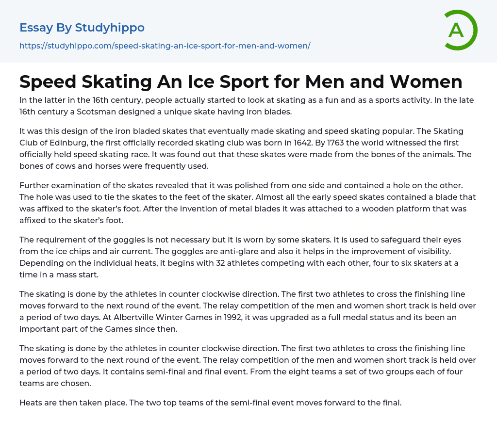 Speed Skating An Ice Sport for Men and Women Essay Example